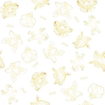 Simple seamless pattern with golden orchids and on white background. Tropical Stock Illustration