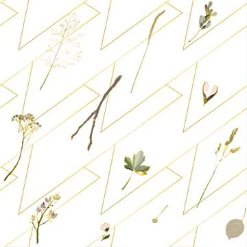 Simple seamless pattern with golden triangles and tender color leaves on whit Stock Illustration