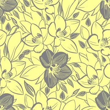 Simple seamless pattern of gray flowers on a yellow background, texture, desi Illustrazione stock