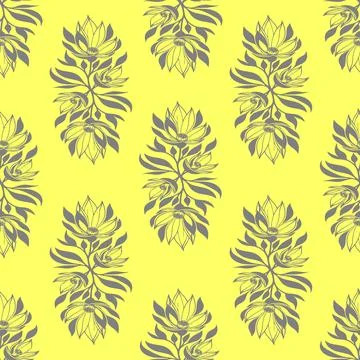 Simple seamless pattern of gray flowers on a yellow background, texture, desi Stock Illustration