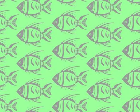 Simple seamless pattern of gray graphic fish on a green background, texture.. イラスト素材