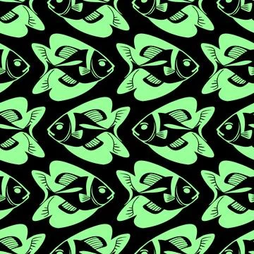 Simple seamless pattern of green graphic fish on a black background, textur.. Stock Illustration