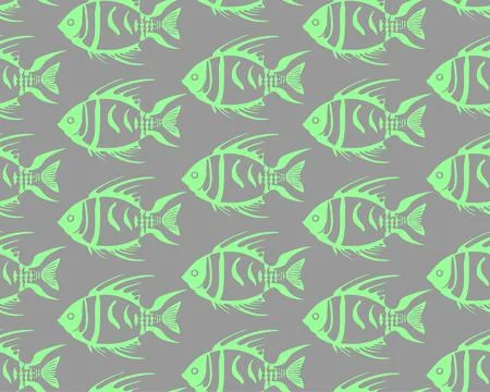 Simple seamless pattern of green graphic fish on a gray background, texture.. Stock Photos