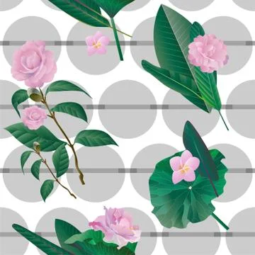 Simple seamless pattern with grey circles and geometric shapes and green trop Illustrazione stock