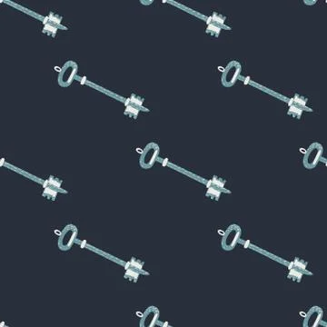 Simple seamless pattern with hand drawn doodle keys. Vintage ornament on navy Stock Illustration