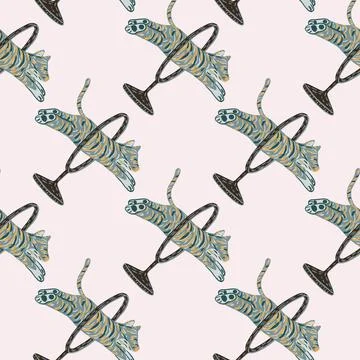 Simple seamless pattern with hand drawn blue tigers jumping across ring ornam イラスト素材