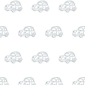Simple seamless pattern with hand-drawn outline toy cars Repeating vintage .. Stock Illustration