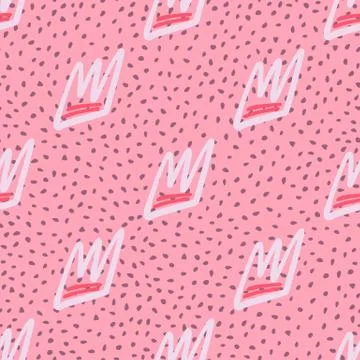 Simple seamless pattern with light contoured crowns. Pink background with dot イラスト素材