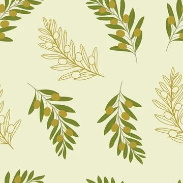 Simple seamless pattern with line and colorful olive leaves and branches on.. Stock Illustration