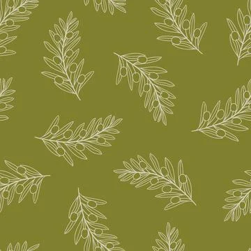 Simple seamless pattern with line olive leaves and branches on green backgr.. Stock Illustration