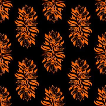 Simple seamless pattern of orange flowers on a black background, texture, d.. Illustrazione stock