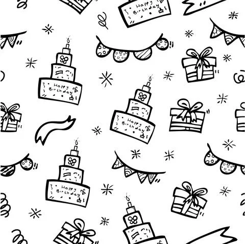 Simple Seamless Pattern Outline Sketch, Birthday item 스톡 일러스트
