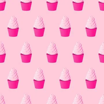 Simple, seamless pattern of pink cupcakes. Barbicore style. Vector illustration. Stock Illustration