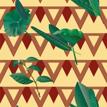 Simple seamless pattern with red and yellow, geometric shapes and green tropi Stock Illustration