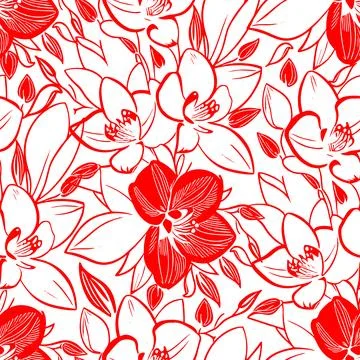 Simple seamless pattern of red flowers on a white background, texture, design 스톡 일러스트