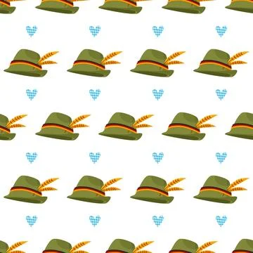 A simple, seamless pattern of Tyrolean caps and blue hearts. Oktoberfest. Stock Illustration