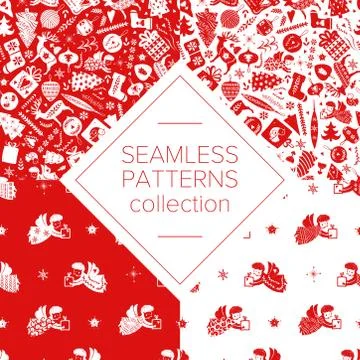 Simple seamless pattern with a variety of elements: Christmas trees, snowflakes Stock Illustration
