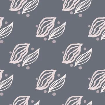 Simple seamless pattern with white contoured leaves. Outline botanic shapes o Stock Illustration