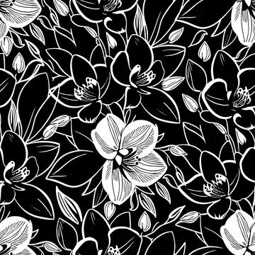 Simple seamless pattern of white flowers on a black background, texture, desi 스톡 일러스트