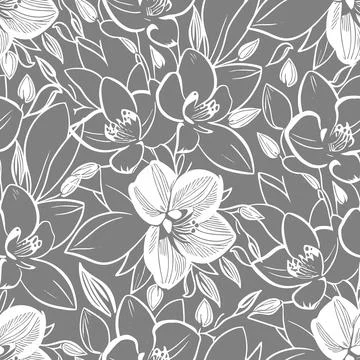 Simple seamless pattern of white flowers on a gray background, texture, desig Stock Illustration