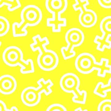 Simple seamless pattern of white gender icons on yellow background, texture 스톡 일러스트