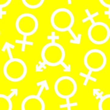 Simple seamless pattern of white gender icons on yellow background, texture Stock Illustration