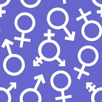 Simple seamless pattern of white gender icons on blue background, texture Stockillustratie