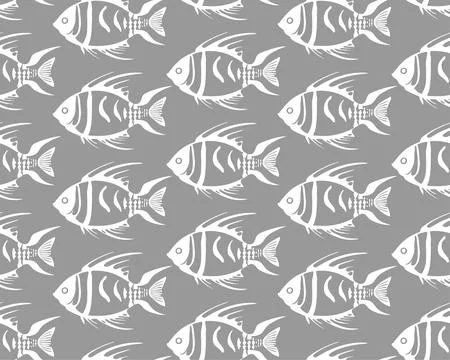Simple seamless pattern of white graphic fish on a gray background, texture.. Stock Illustration