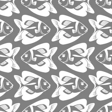 Simple seamless pattern of white graphic fish on a gray background, texture.. Stock Illustration