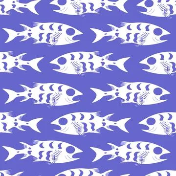 Simple seamless pattern of white graphic fish on a blue background, texture.. Stock Illustration