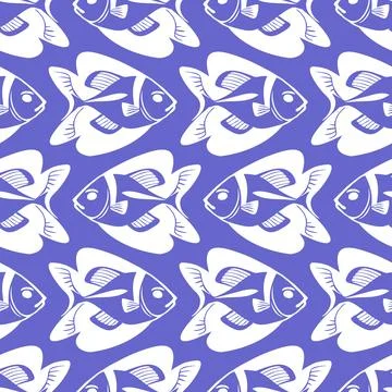 Simple seamless pattern of white graphic fish on a blue background, texture.. Stock Photos