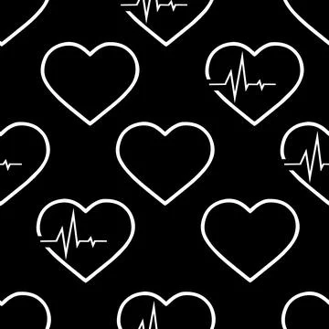 Simple seamless pattern of white hearts on a black background, texture, desig Stock Illustration
