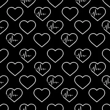 Simple seamless pattern of white hearts on a black background, texture, desig Stock Illustration