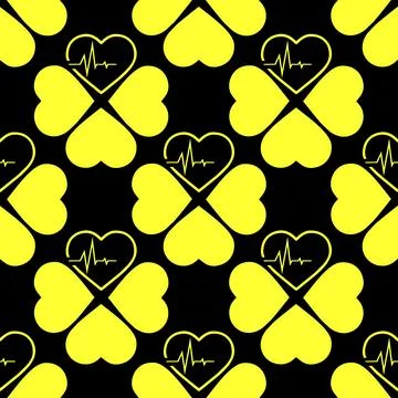 Simple seamless pattern of yellow hearts on a black background, texture, desi Stock Illustration