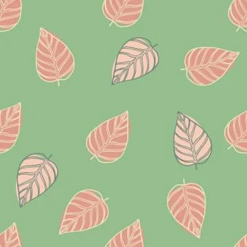 Simple seamless random pattern with oultine leaves. Pink tones contoured bota Stock Illustration
