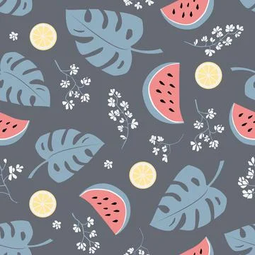 Simple seamless vector grey pattern of monstera leaves, watermelons, lemons,  Illustrazione stock