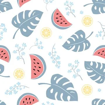 Simple seamless vector light pattern of monstera leaves, watermelons, lemons, Stock Illustration