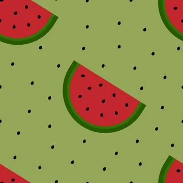 Simple seamless Watermelon pattern. Watermelon slices and seeds on green backgro Stock Illustration