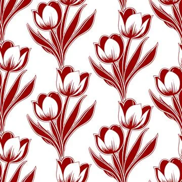 Simple seamless white and red pattern of tulip flowers, background, texture Illustrazione stock