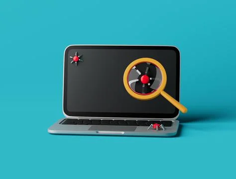 Simple search bugs in laptop 3d render illustration. Stock Illustration