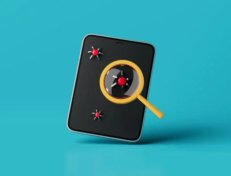 Simple search bugs in tablet 3d render illustration. Stock Illustration