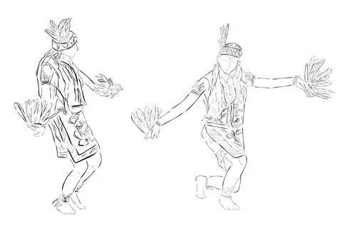 Simple Set 2 Black Vector Outline Sketch, Dayak Traditional Enggang Bird Danc 스톡 일러스트