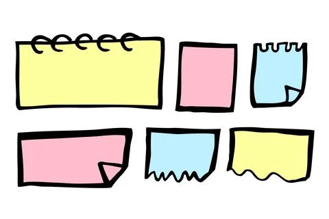 Simple Set 6 Vector Hand Draw Sketch Block Note, black, blue, yellow, pink Stock Illustration