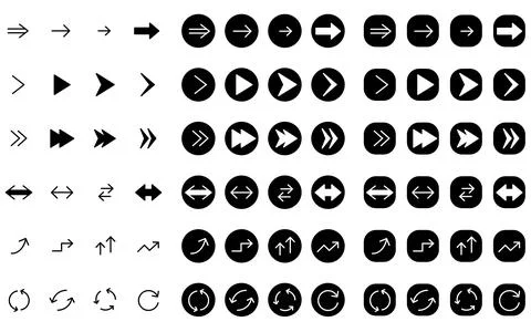 Simple set of arrow icons, black and white (white on black) Stock Illustration