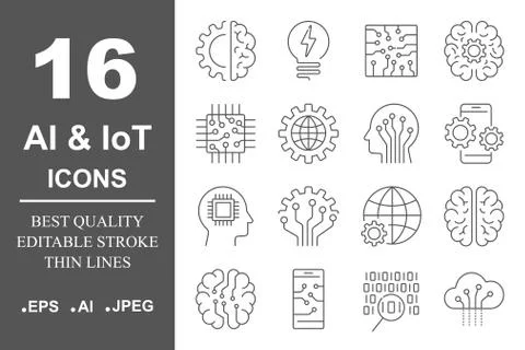 Simple set of artificial intelligence related line icons contains such icons as Illustrazione stock