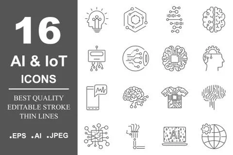 Simple set of artificial intelligence related line icons contains such icons as Stock-Illustration