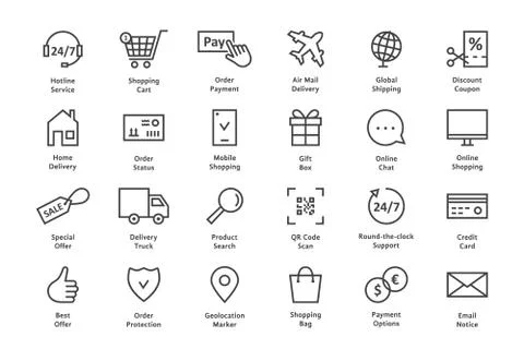 Simple set of black thin line ecommerce icon Stock Illustration