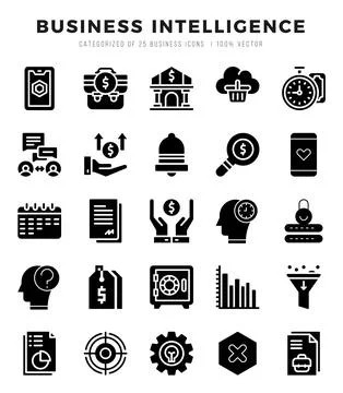 Simple Set of Business Intelligence Related Vector Glyph Icons. Stock Illustration