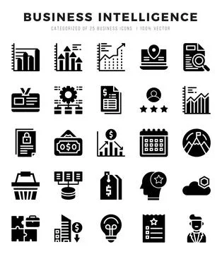 Simple Set of Business Intelligence Related Vector Glyph Icons. Stock Illustration