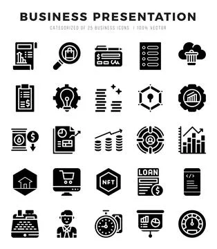 Simple Set of Business Presentation Related Vector Glyph Icons. Stock Illustration